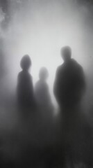 silhouette dark figures mysterious ghostly shapes foggy atmospheric blurred monochrome spooky