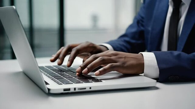 Businessman working online on laptop computer at modern office. online learning, internet marketing, working from home, workplace freelance concept