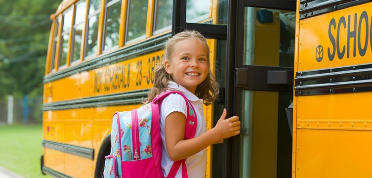 A happy young girl with a backpack giving a thumbs up next to a yellow school bus on a sunny day