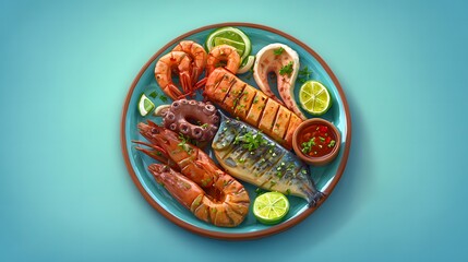3D icon of grilled seafood including shrimp, squid, and fish with garnish, ideal for UI, app icons, or food infographics.