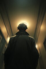 silhouette figure standing in dark hallway with dramatic backlight moody atmospheric horror