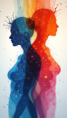Fototapeta premium Abstract silhouettes of women in blue and red with paint splashes 
