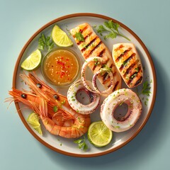 3D icon of grilled seafood including shrimp, squid, and fish with garnish, ideal for UI, app icons, or food infographics.