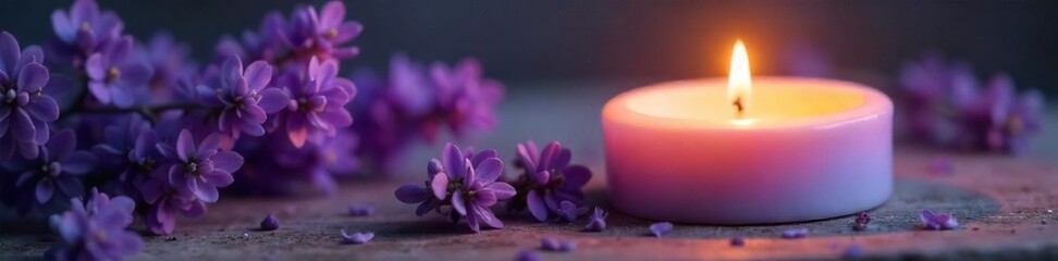 Gently Burning Lavender Candle Soft Purple Glow, Tranquil Relaxation for Spa, Wellness, and Home Decor Imagery