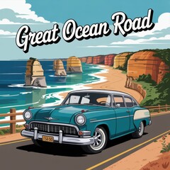Great Ocean Road Vintage Car Travel Poster
