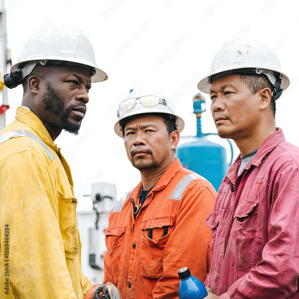 Aufkleber industrial operators collaborating on large-scale project in urban environment closeup profile view