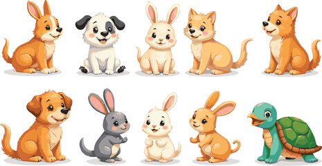 Naklejka premium Create a Cute pet doodle vector set. Cartoon animals characters design collection with dog, cat, bird, fish, rabbit, rat, turtle in different poses .vector art with white background.