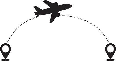 Airplane Trajectory Icon Vector Illustration: Representing Air Travel, Flight Paths, and Destination Connections with a Plane Flying Between Location Pins