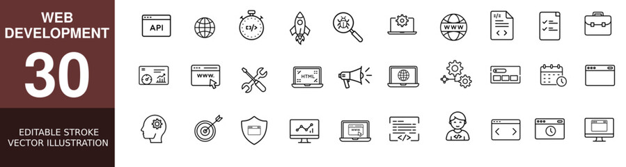 Fototapeta premium Web Development Editable Line Icons Set – Minimal Stroke Style Symbols for Coding, UI/UX, Responsive Design, API, and Software Tools