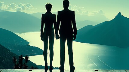 Couple silhouetted against breathtaking mountain and lake panorama epitomizing journey