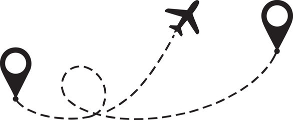Streamlined Air Transport Route Visualization with Plane Icon and Location Markers on Clear Background for Modern Navigation and Global Connectivity Designs