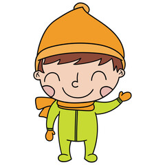 Hand drawn cartoon cute little caucasian boy in winter clothes on white background.