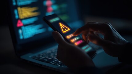 Close-up view of a hand using a smartphone displaying an alert sign against the backdrop of a laptop screen filled with code and warnings in a dark environment