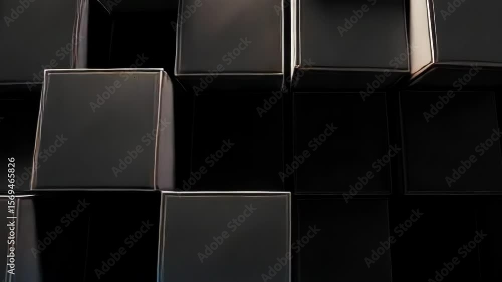 Poster a dark and abstract background features a geometric pattern of black cubes in a 3d render