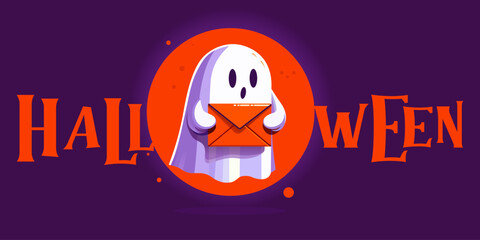 Happy Halloween banner design. Happy Halloween party greeting card with cute ghost. Happy Halloween background. Halloween poster. Halloween banner on purple background. Halloween Illustration