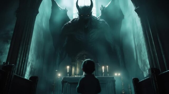 Child's Encounter with a Monstrous Figure in a Gothic Cathedral