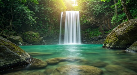 Fototapeta premium Serene Waterfall in Lush Tropical Paradise