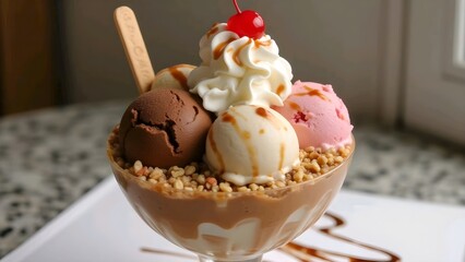 A decadent sundae featuring three scoops of ice cream, toppings, and sauces, presented in an elegant glass bowl.