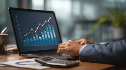 Professional businessman analyzing financial data on laptop with graphs and charts in modern office setting, showcasing growth and success in business