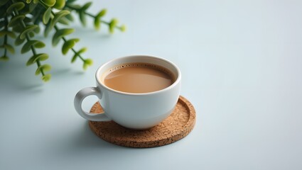 Morning coffee cup on coaster with plant aesthetic, coffee break relaxation and enjoy