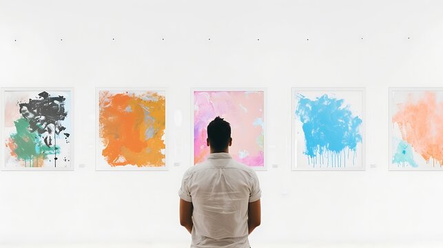 Man Admiring Abstract Art in Gallery