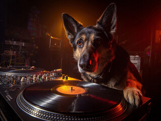 A german shepherd dj dog is seen with its paw on a turntable in a dark setting
