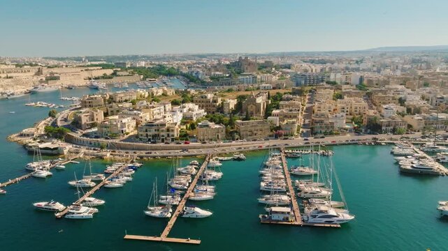 Drone top aerial view of Msida yacht marina, Ta' Xbiex city. Malta 