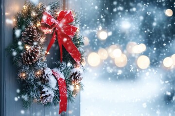 Festive holiday wreath with red ribbon in snowy winter wonderland
