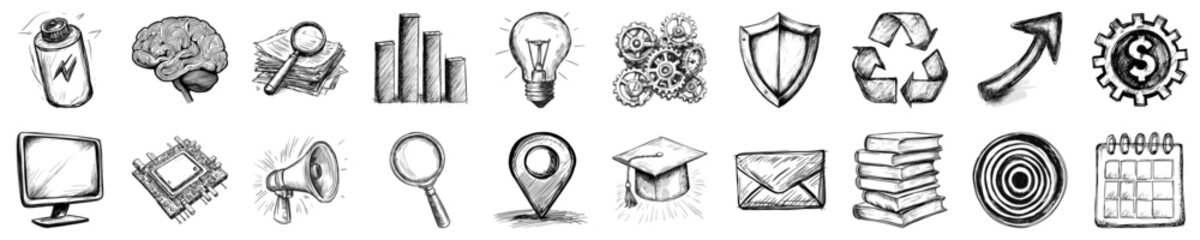 Set of sketch-style business, education and tech icons in black and white