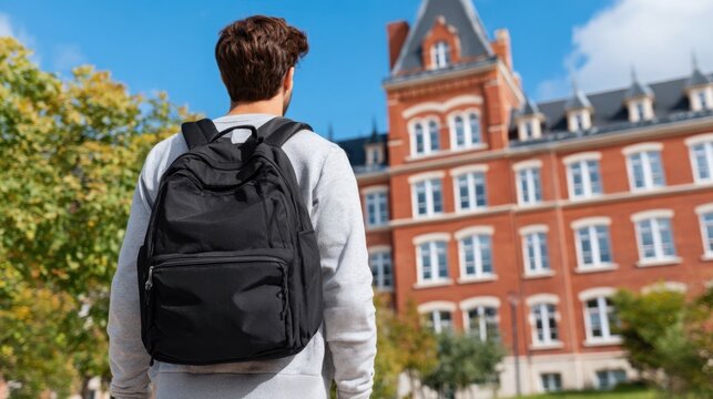 A young man with a backpack stands facing a large, red brick building, a school or university, on a sunny day.