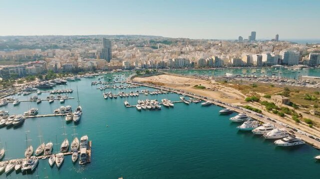 Drone top aerial view of Msida yacht marina, Ta' Xbiex city. Malta island