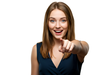A woman smiling while pointing forward on transparent background 