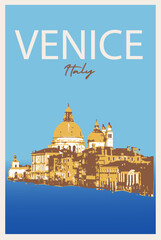 Venice illustration.  An urban colourful landscape canal, gondola, gondolier in Venice, Italy. Banner, poster design.