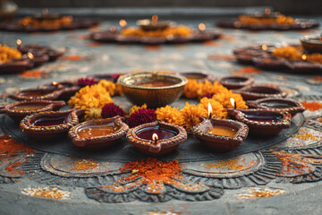 Multiple clay diyas arranged in a symmetrical circular mandala pattern on the temple courtyard floor, central brass diya glowing brightly, surrounded by fresh flower garlands
