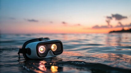 Virtual reality headset submerged in ocean waves at sunset
