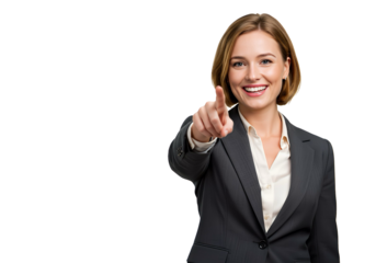A woman smiling while pointing forward on transparent background 