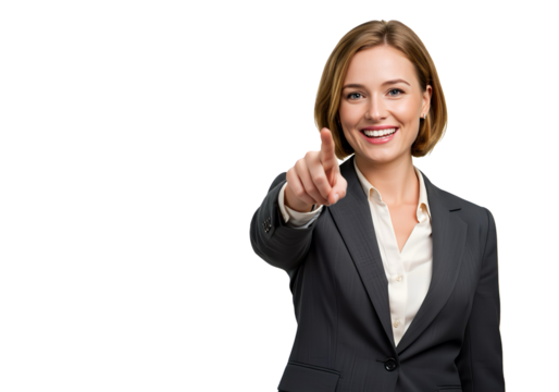 A woman smiling while pointing forward on transparent background 