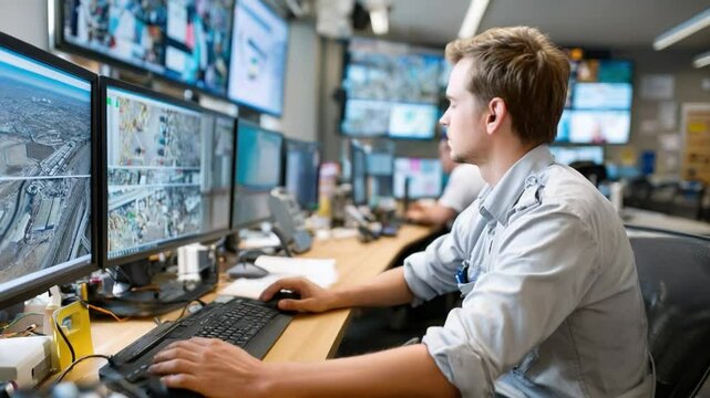 Security System Monitor: A focused operator intently monitors security camera feeds within a control room, showcasing vigilance, data, and technological advancement.