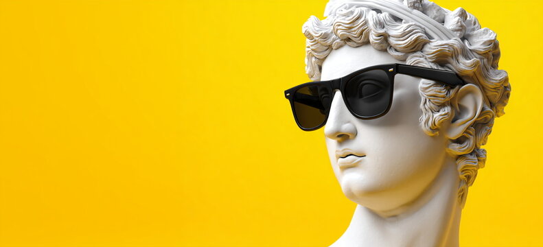 Naklejki Sculpture of a male Apollo bust with black sunglasses on a bright yellow background. Modern art concept with roman bust.