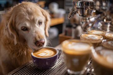 Golden retriever curiously smelling a cup of latte art near espresso machine