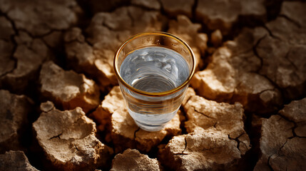Glass filled with clean water sits on dry cracked soil, emphasizing the issue of water scarcity. Dark and dramatic background enhances the urgency of environmental awareness