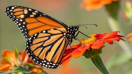 Fototapeta premium Glistening monarch butterfly resting on a bright flower close-up photography natural habitat outdoor environment detailed viewpoint beauty of nature