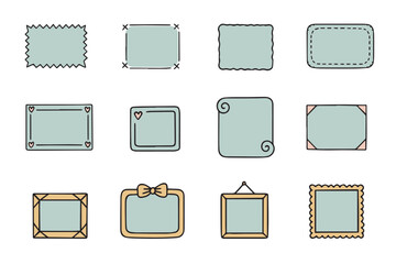  Collection of twelve unique decorative frames in various shapes and styles. This vector illustration showcases creative borders perfect for design projects or scrapbooking.