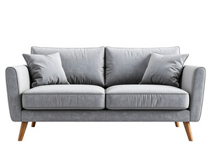 Obraz premium Sofa serenity: A close-up perspective reveals an elegant, plush gray sofa with two soft pillows. The sofa sits on wooden legs, perfect for interior design and home decor.