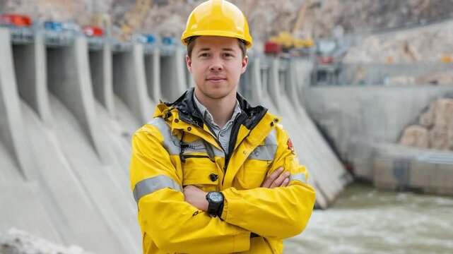Engineer at the Dam: A composed engineer in a high-visibility jacket and hard hat stands confidently before a vast dam structure, symbolizing expertise and the power of infrastructure.