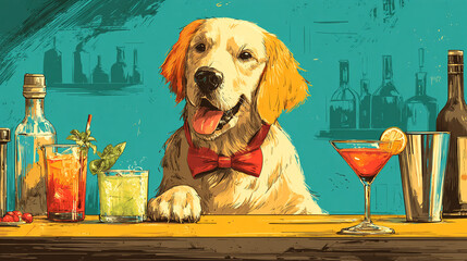 Illustration of a golden retriever wearing a bow tie behind a bar with drinks