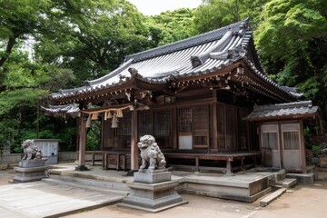 Serene Traditional Japanese Shrine A Historical Temple Surrounded by Lush Greenery
