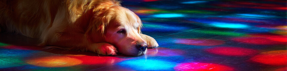 Golden retriever resting head on colorful floor with light reflections around it