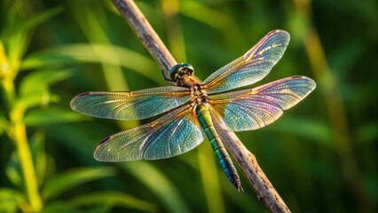 Graceful dragonfly with iridescent wings resting on a twig in a warm natural setting a close-up view of nature's beauty