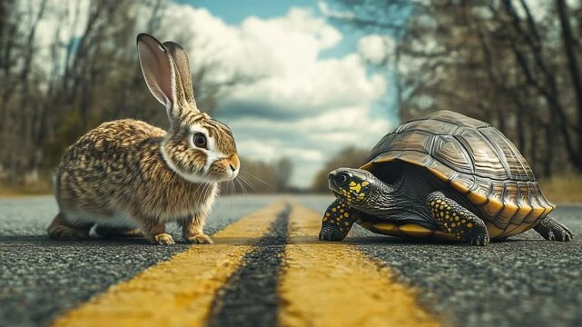 Hare and Tortoise Confrontation on a Road Visualizing Aesop's Fable